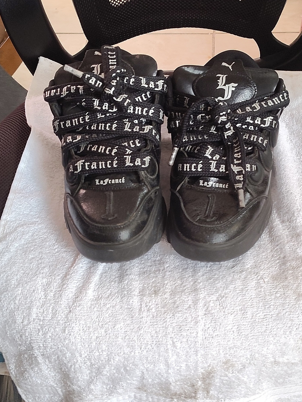 Puma La France Black Leather Sneakers with White Gothic Lettering